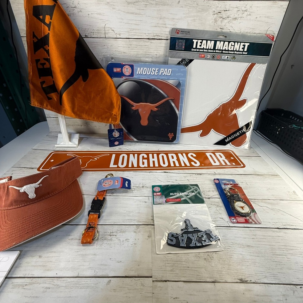 Texas Longhorns Fan Bundle Visor Sign Magnet Mousepad Keychain Lanyard 8pc Set